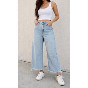 Psyched Denim High Waisted Light Wash Frayed Hem Wide Leg Baggy Jeans